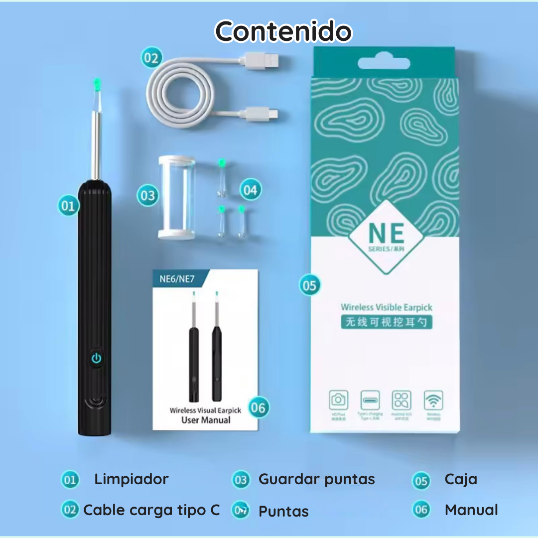 Limpia oídos con cámara | App para celular y 5 puntas intercambiables