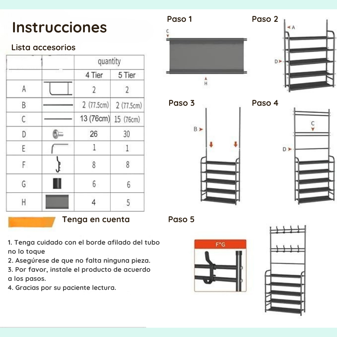 Mueble organizador 4 niveles 8 ganchos
